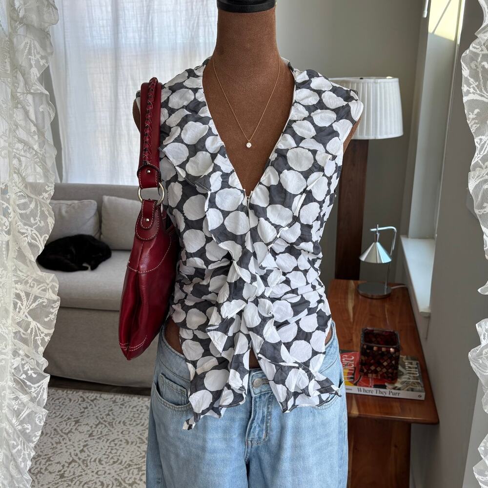 2000s Farinaz Taghavi Black White Polka Dot Ruffle Tank Top Summer Blouse Size 4